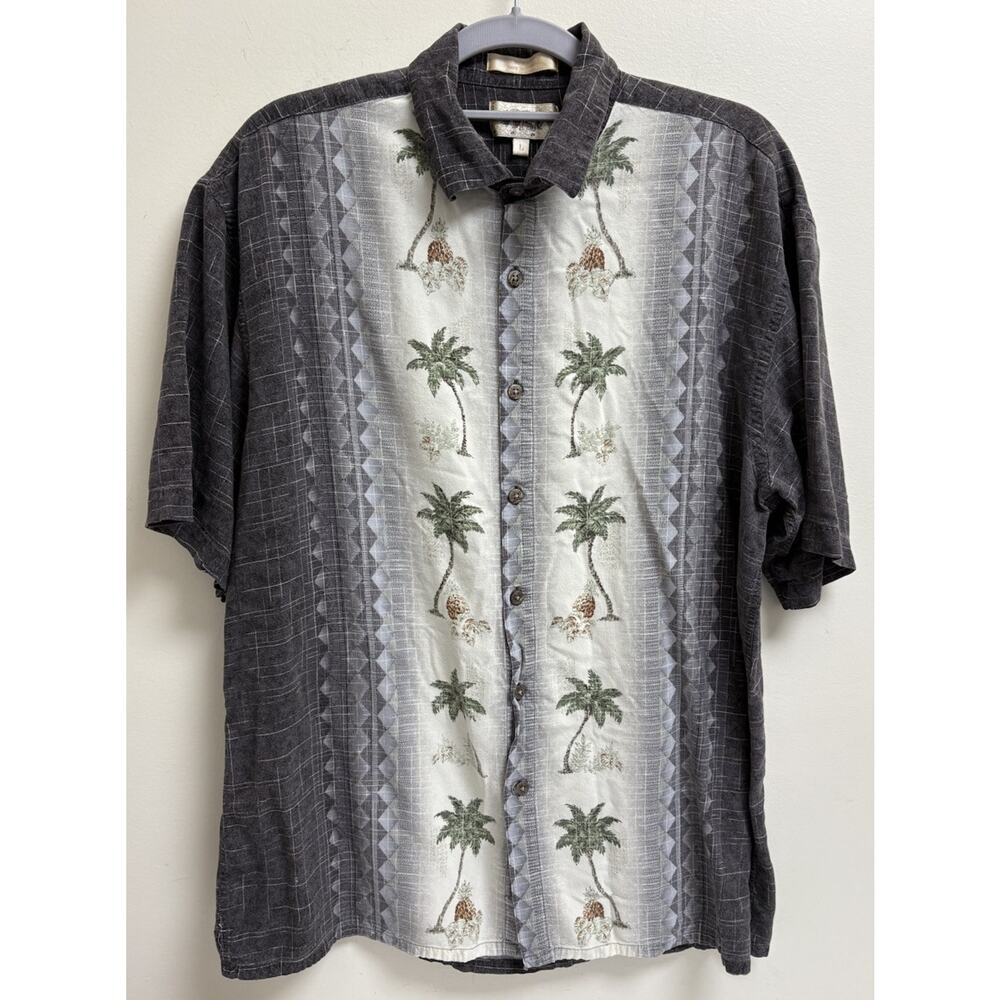 Campia Moda Mens Hawaiian Shirt Large Gray Palm Tree Rayon Button‎ Up Aloha